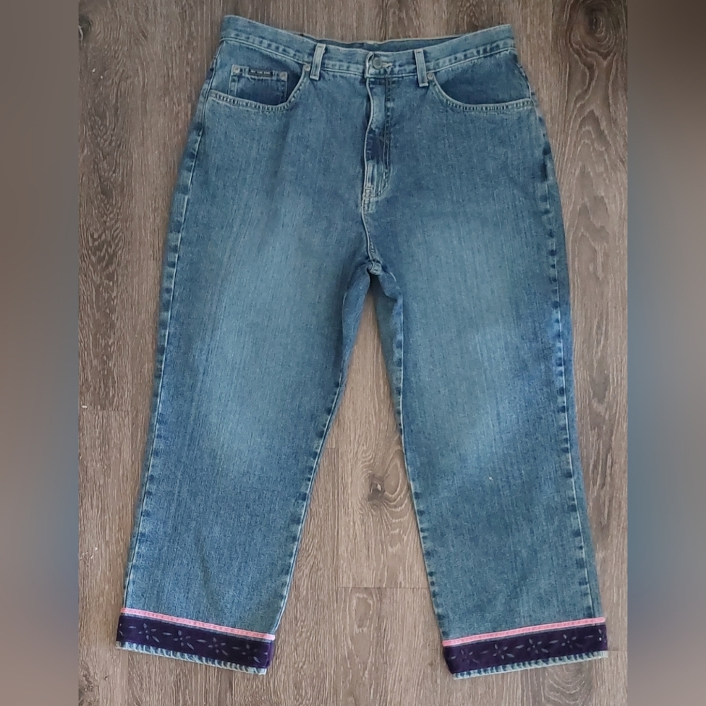 New York & Company Denim Blue Jeans Size 16 Embellished Velvet Trim 100% Cotton - Picture 6 of 12